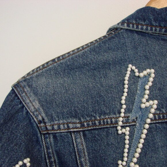 Sandro Denim Jean Jacket Pearl Embellished Lightning Bolt Size 42 FR or 10 - Picture 14 of 16